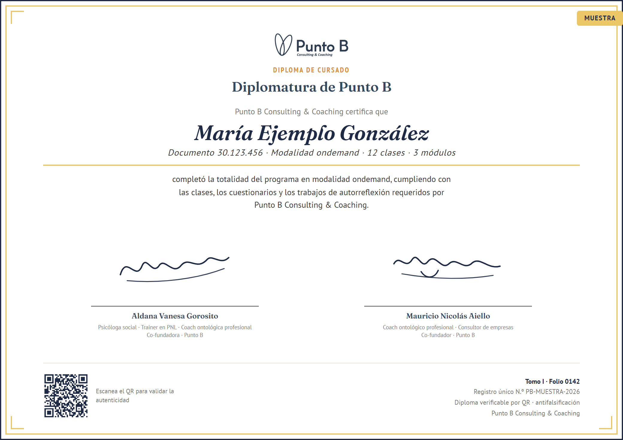 Diploma de Punto B con tomo, folio y código de verificación